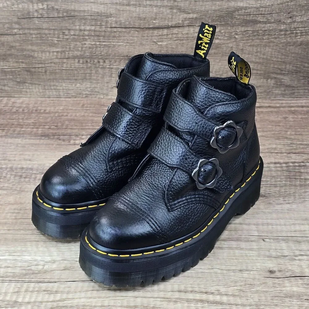 Dr. Martens Devon FLWR Women's Size 7 Black Leather Buckle Platform Boots - Picture 8 of 10